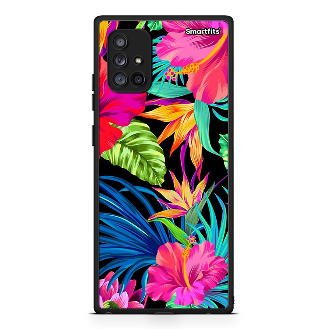 Samsung Galaxy A71 5G Tropical Flowers θήκη από τη Smartfits με σχέδιο στο πίσω μέρος και μαύρο περίβλημα | Smartphone case with colorful back and black bezels by Smartfits