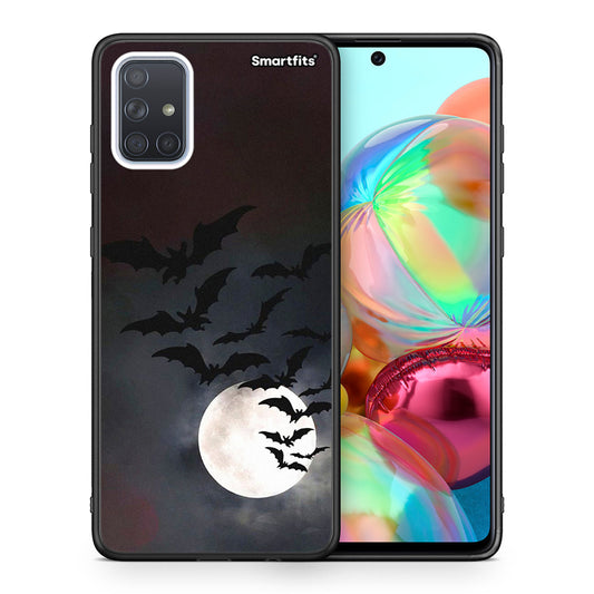 Θήκη Samsung A71 Halloween Bat Night από τη Smartfits με σχέδιο στο πίσω μέρος και μαύρο περίβλημα | Samsung A71 Halloween Bat Night case with colorful back and black bezels