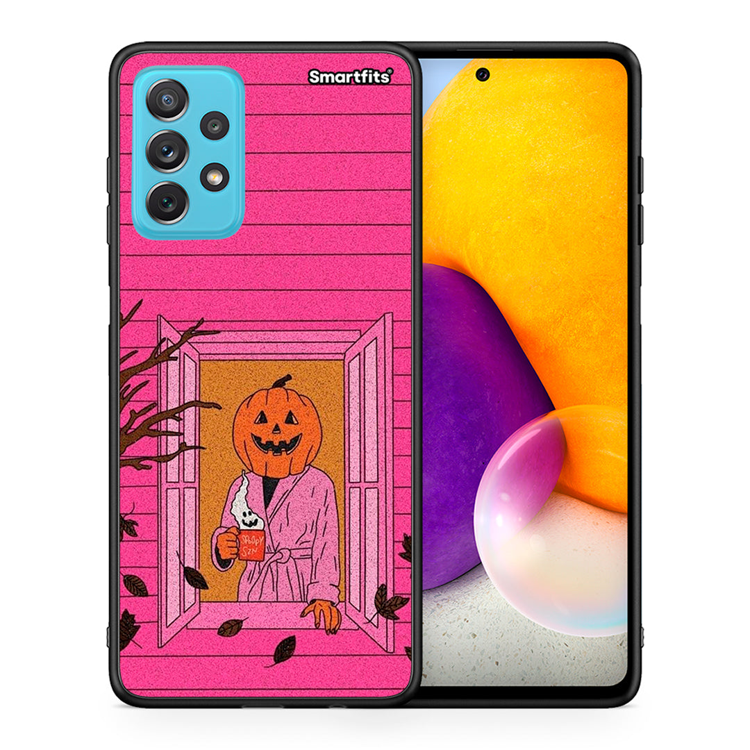 Θήκη Samsung A72 Halloween Pumpkin Lady από τη Smartfits με σχέδιο στο πίσω μέρος και μαύρο περίβλημα | Samsung A72 Halloween Pumpkin Lady case with colorful back and black bezels