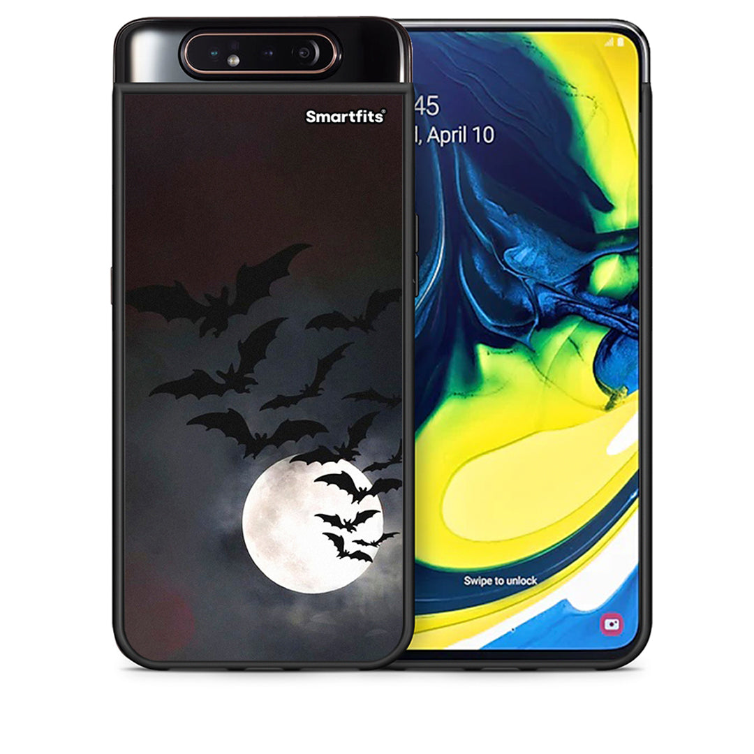 Θήκη Samsung A80 Halloween Bat Night από τη Smartfits με σχέδιο στο πίσω μέρος και μαύρο περίβλημα | Samsung A80 Halloween Bat Night case with colorful back and black bezels