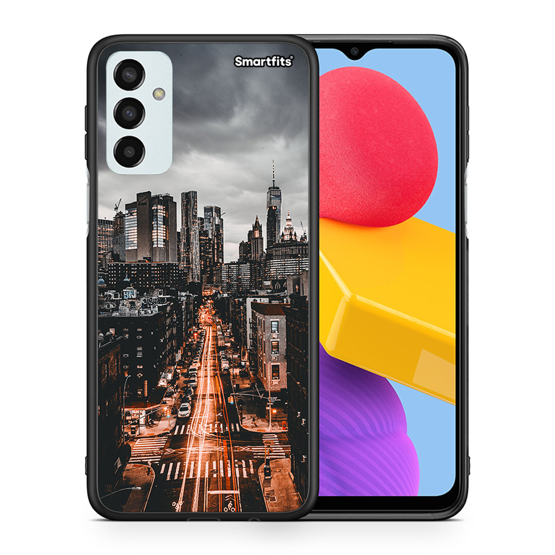 Θήκη Samsung M13 City Lights από τη Smartfits με σχέδιο στο πίσω μέρος και μαύρο περίβλημα | Samsung M13 City Lights case with colorful back and black bezels