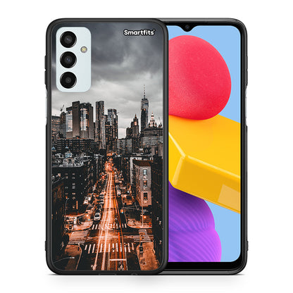 Θήκη Samsung M13 City Lights από τη Smartfits με σχέδιο στο πίσω μέρος και μαύρο περίβλημα | Samsung M13 City Lights case with colorful back and black bezels