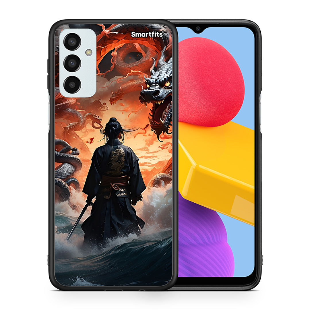 Θήκη Samsung M13 Dragons Fight από τη Smartfits με σχέδιο στο πίσω μέρος και μαύρο περίβλημα | Samsung M13 Dragons Fight case with colorful back and black bezels