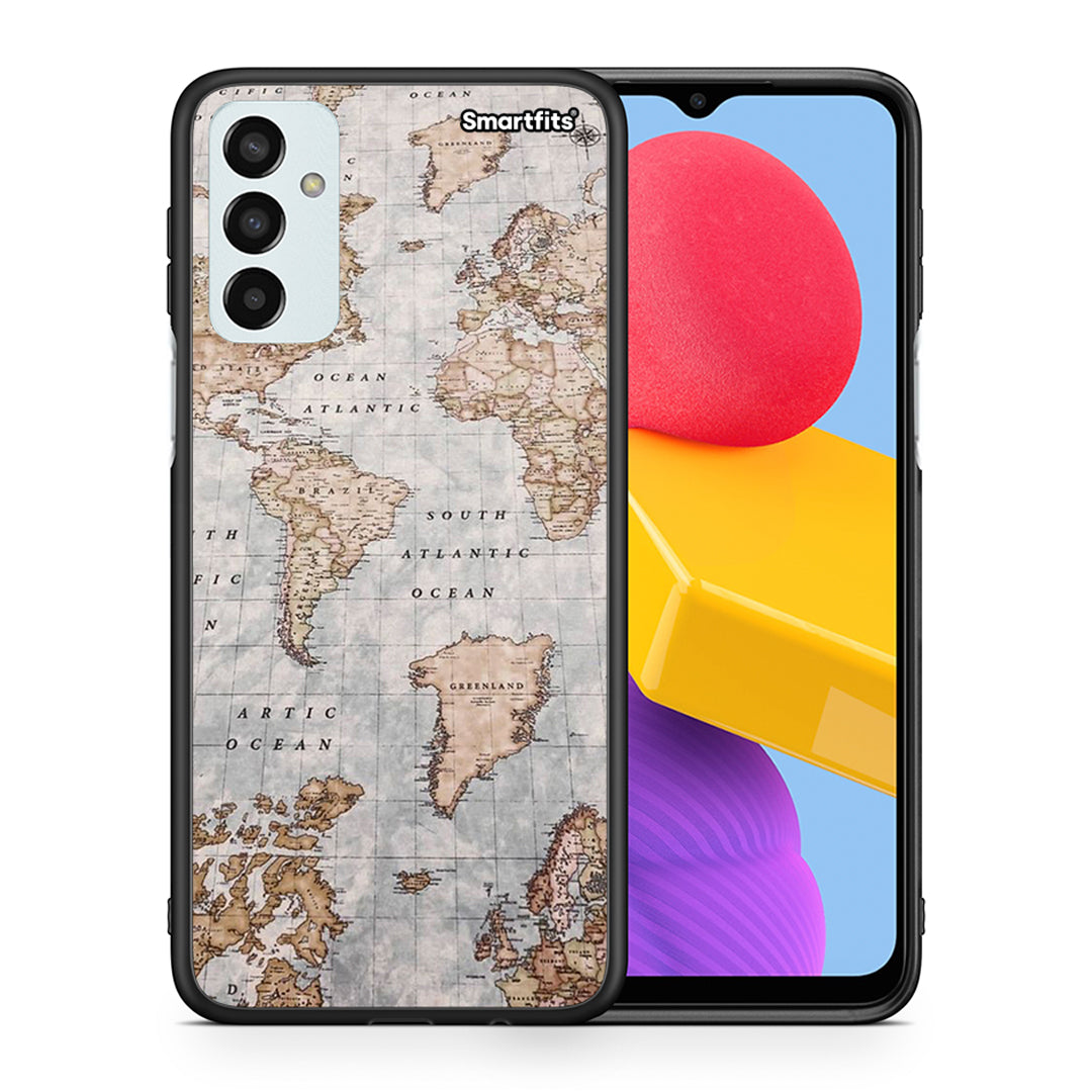 Θήκη Samsung M13 World Map από τη Smartfits με σχέδιο στο πίσω μέρος και μαύρο περίβλημα | Samsung M13 World Map case with colorful back and black bezels