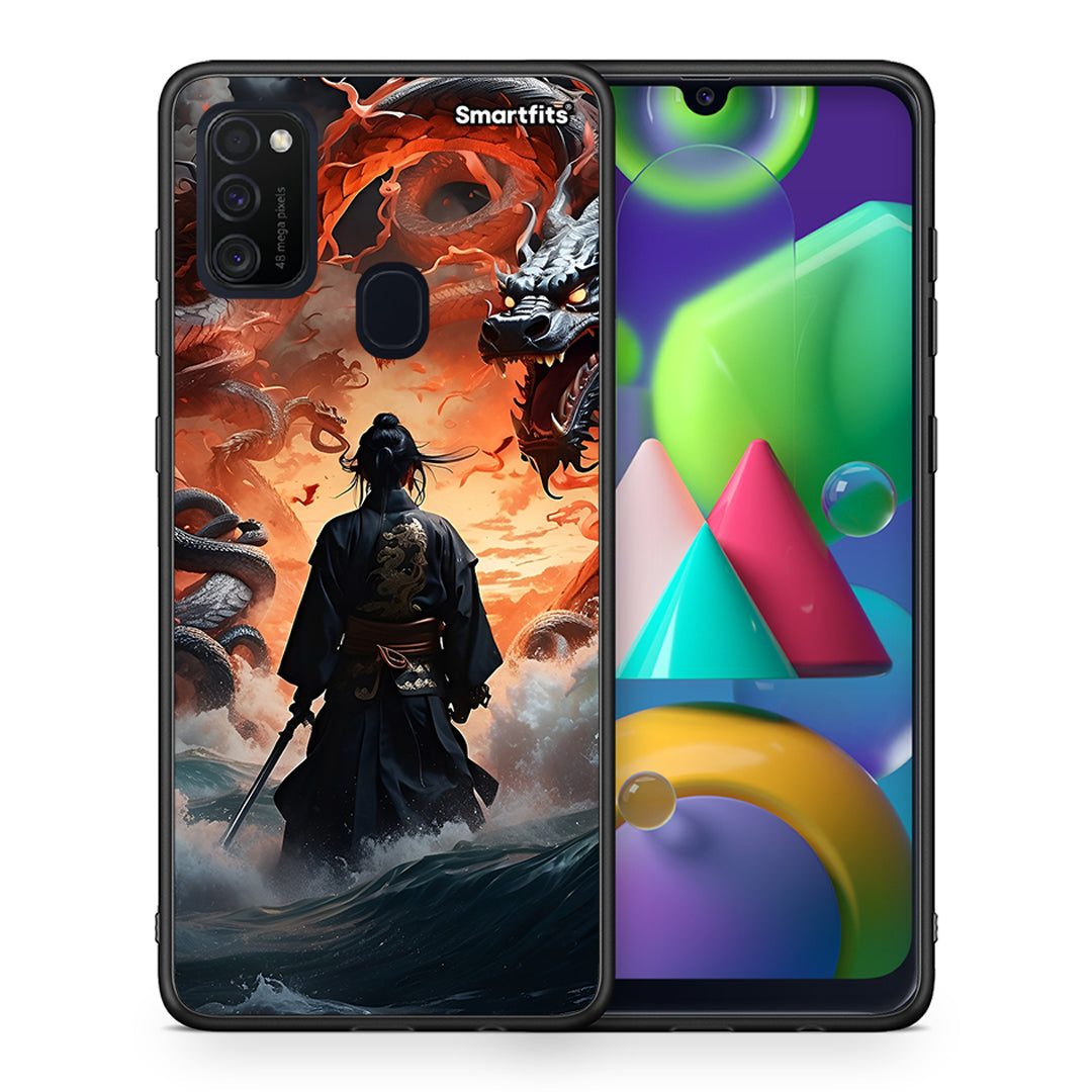 Θήκη Samsung M21/M31 Dragons Fight από τη Smartfits με σχέδιο στο πίσω μέρος και μαύρο περίβλημα | Samsung M21/M31 Dragons Fight case with colorful back and black bezels