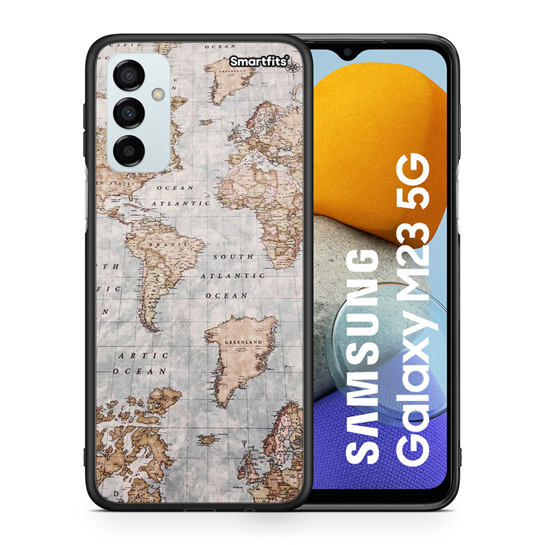 Θήκη Samsung M23 World Map από τη Smartfits με σχέδιο στο πίσω μέρος και μαύρο περίβλημα | Samsung M23 World Map case with colorful back and black bezels