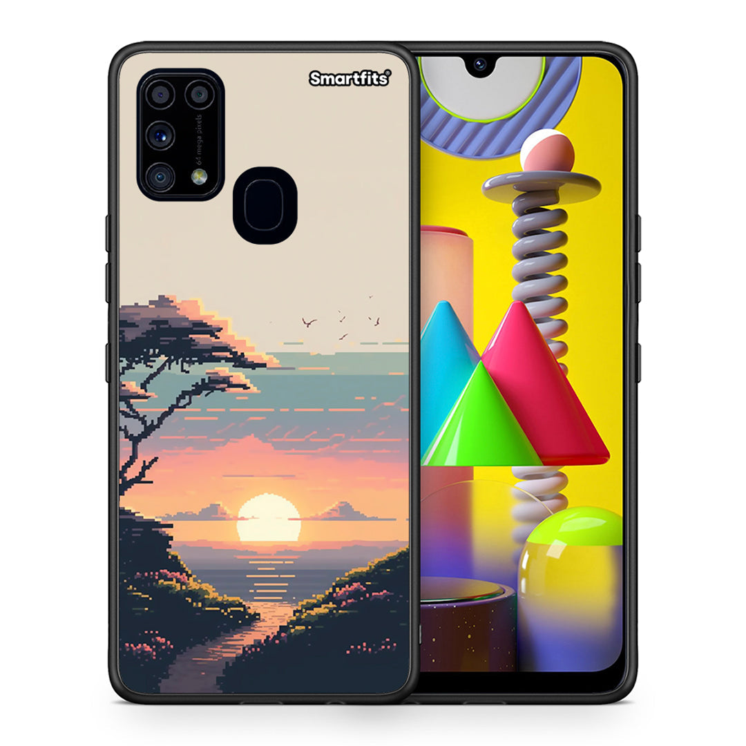 Θήκη Samsung M31 Pixel Sunset από τη Smartfits με σχέδιο στο πίσω μέρος και μαύρο περίβλημα | Samsung M31 Pixel Sunset case with colorful back and black bezels