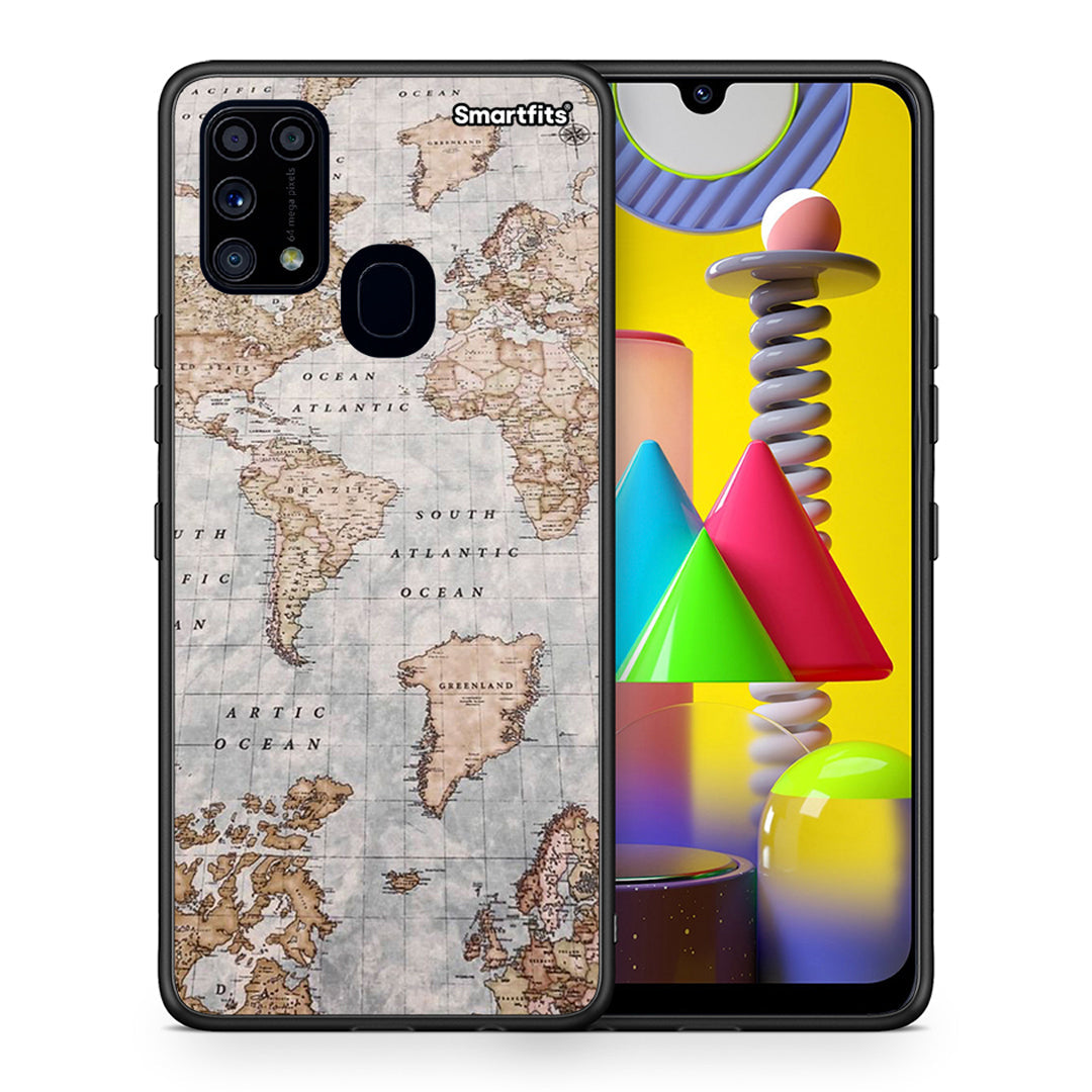 Θήκη Samsung M31 World Map από τη Smartfits με σχέδιο στο πίσω μέρος και μαύρο περίβλημα | Samsung M31 World Map case with colorful back and black bezels