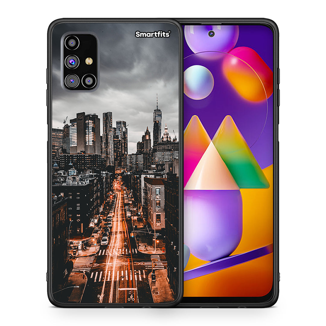 Θήκη Samsung M31s City Lights από τη Smartfits με σχέδιο στο πίσω μέρος και μαύρο περίβλημα | Samsung M31s City Lights case with colorful back and black bezels
