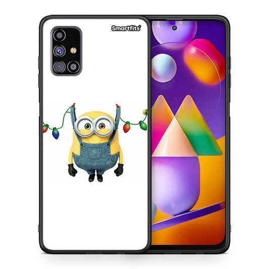 Θήκη Samsung M31s Xmas Minion Lights από τη Smartfits με σχέδιο στο πίσω μέρος και μαύρο περίβλημα | Samsung M31s Xmas Minion Lights case with colorful back and black bezels