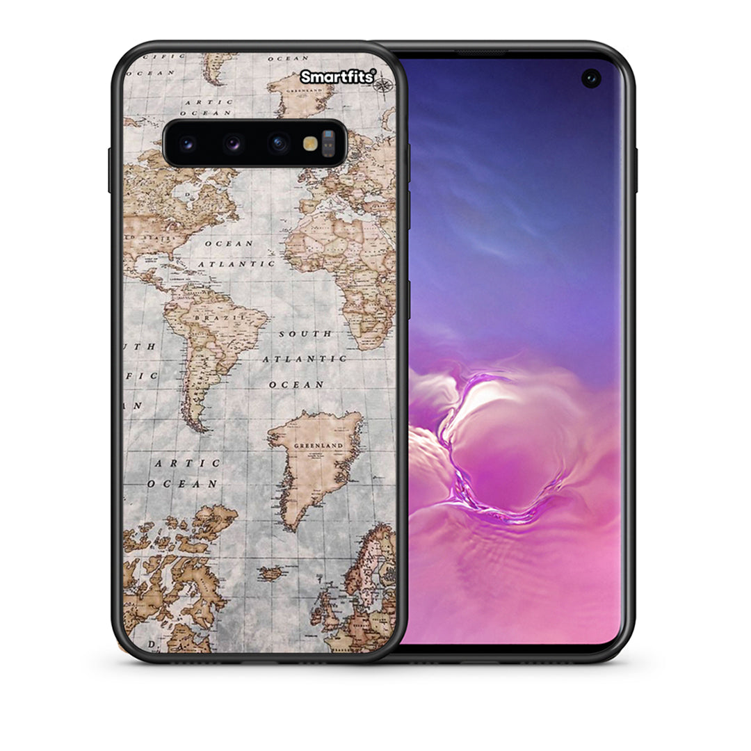 Θήκη Samsung S10 World Map από τη Smartfits με σχέδιο στο πίσω μέρος και μαύρο περίβλημα | Samsung S10 World Map case with colorful back and black bezels