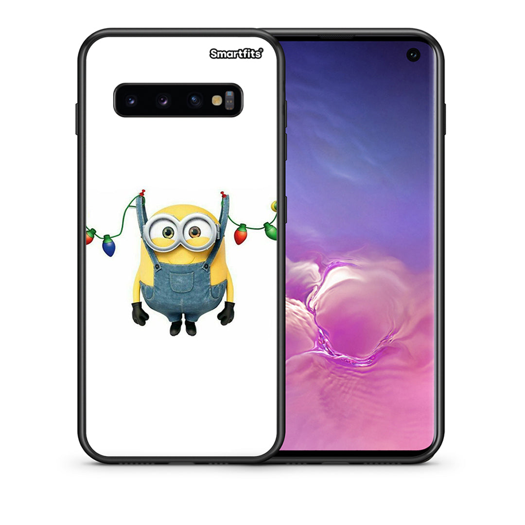 Θήκη Samsung S10 Xmas Minion Lights από τη Smartfits με σχέδιο στο πίσω μέρος και μαύρο περίβλημα | Samsung S10 Xmas Minion Lights case with colorful back and black bezels