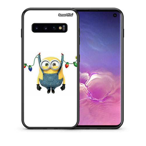 Θήκη Samsung S10 Xmas Minion Lights από τη Smartfits με σχέδιο στο πίσω μέρος και μαύρο περίβλημα | Samsung S10 Xmas Minion Lights case with colorful back and black bezels