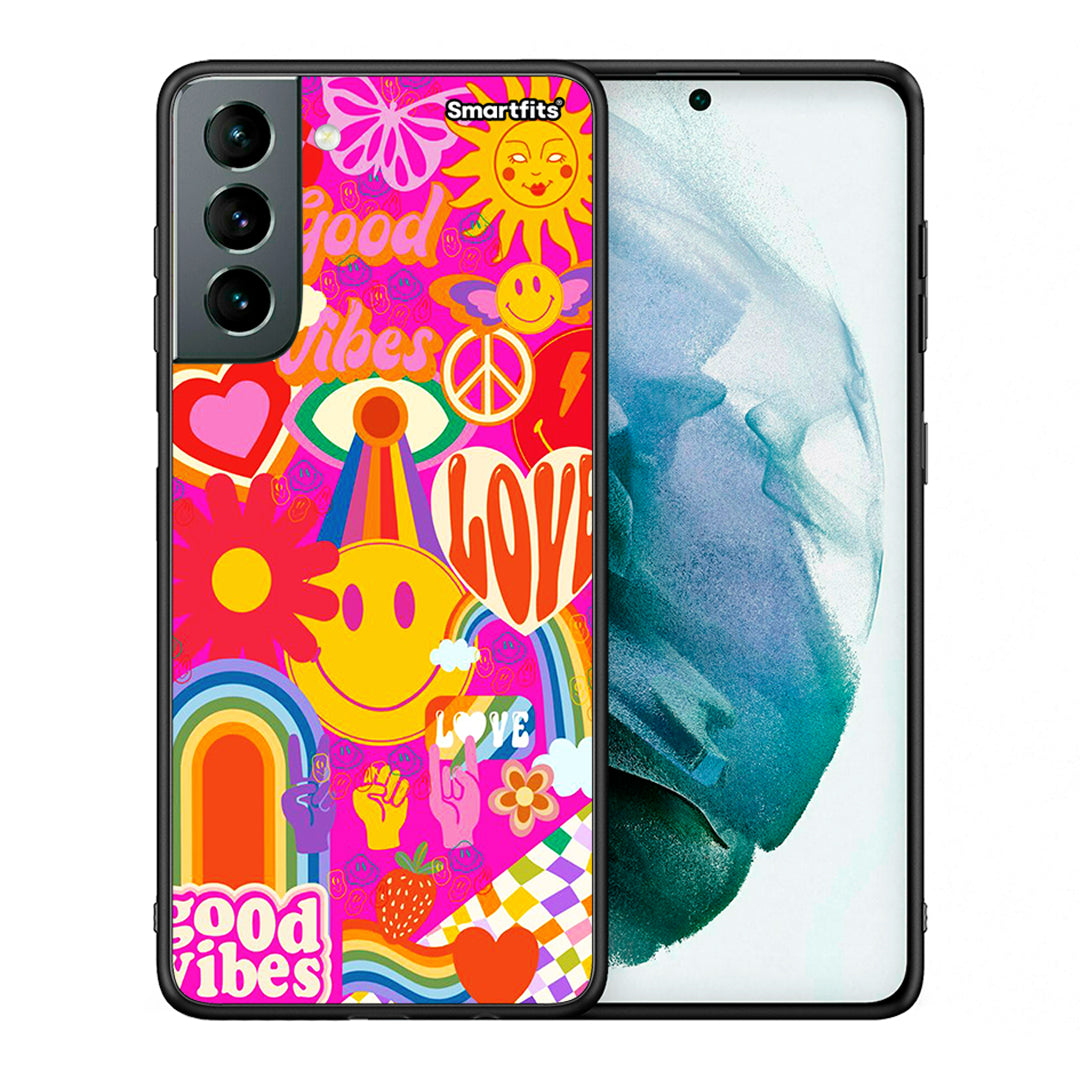 Θήκη Samsung S21 Hippie Love από τη Smartfits με σχέδιο στο πίσω μέρος και μαύρο περίβλημα | Samsung S21 Hippie Love case with colorful back and black bezels