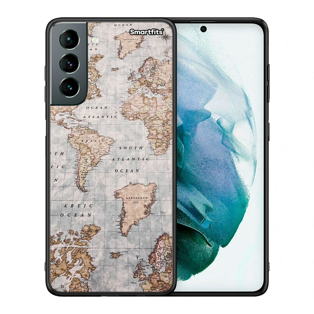 Θήκη Samsung S21 World Map από τη Smartfits με σχέδιο στο πίσω μέρος και μαύρο περίβλημα | Samsung S21 World Map case with colorful back and black bezels
