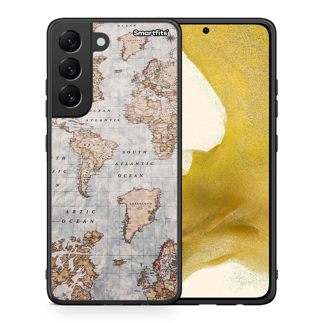 Θήκη Samsung S22 World Map από τη Smartfits με σχέδιο στο πίσω μέρος και μαύρο περίβλημα | Samsung S22 World Map case with colorful back and black bezels