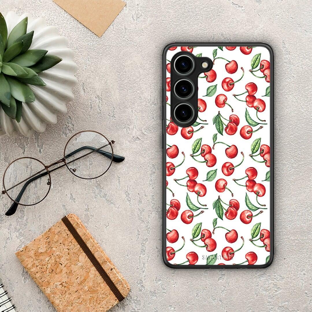 Θήκη Samsung Galaxy S23 Cherry Summer από τη Smartfits με σχέδιο στο πίσω μέρος και μαύρο περίβλημα | Samsung Galaxy S23 Cherry Summer Case with Colorful Back and Black Bezels