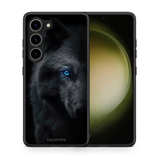 Θήκη Samsung Galaxy S23 Dark Wolf από τη Smartfits με σχέδιο στο πίσω μέρος και μαύρο περίβλημα | Samsung Galaxy S23 Dark Wolf Case with Colorful Back and Black Bezels