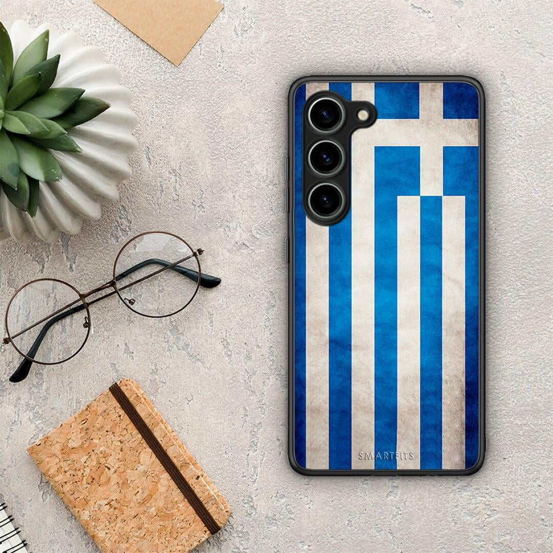 Θήκη Samsung Galaxy S23 Flag Greek από τη Smartfits με σχέδιο στο πίσω μέρος και μαύρο περίβλημα | Samsung Galaxy S23 Flag Greek Case with Colorful Back and Black Bezels