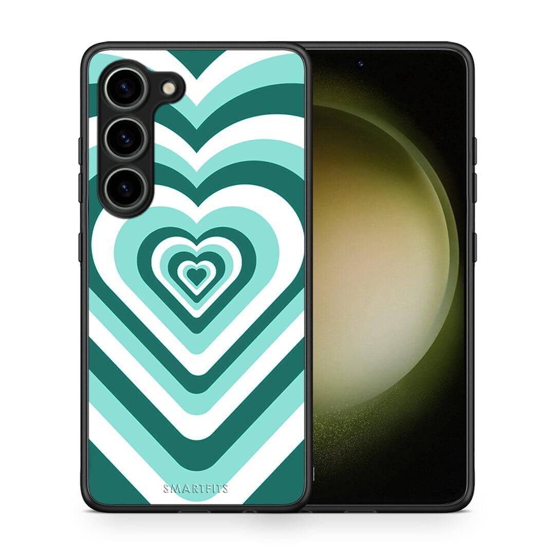 Θήκη Samsung Galaxy S23 Green Hearts από τη Smartfits με σχέδιο στο πίσω μέρος και μαύρο περίβλημα | Samsung Galaxy S23 Green Hearts Case with Colorful Back and Black Bezels