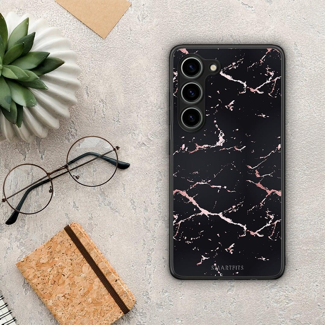 Θήκη Samsung Galaxy S23 Marble Black Rosegold από τη Smartfits με σχέδιο στο πίσω μέρος και μαύρο περίβλημα | Samsung Galaxy S23 Marble Black Rosegold Case with Colorful Back and Black Bezels