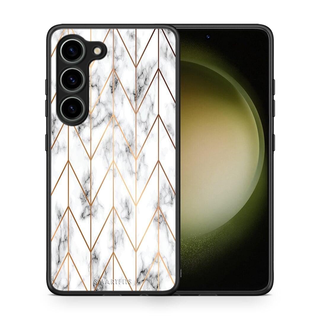 Θήκη Samsung Galaxy S23 Marble Gold Geometric από τη Smartfits με σχέδιο στο πίσω μέρος και μαύρο περίβλημα | Samsung Galaxy S23 Marble Gold Geometric Case with Colorful Back and Black Bezels