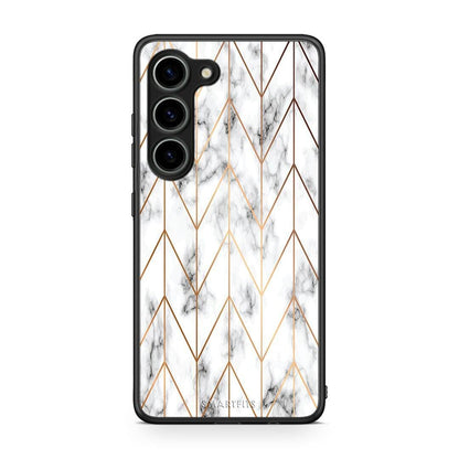 Θήκη Samsung Galaxy S23 Marble Gold Geometric από τη Smartfits με σχέδιο στο πίσω μέρος και μαύρο περίβλημα | Samsung Galaxy S23 Marble Gold Geometric Case with Colorful Back and Black Bezels