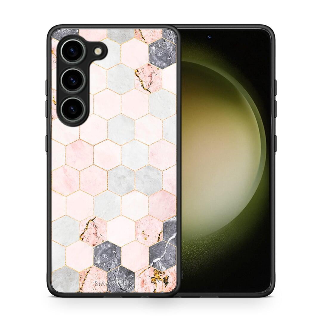 Θήκη Samsung Galaxy S23 Marble Hexagon Pink από τη Smartfits με σχέδιο στο πίσω μέρος και μαύρο περίβλημα | Samsung Galaxy S23 Marble Hexagon Pink Case with Colorful Back and Black Bezels