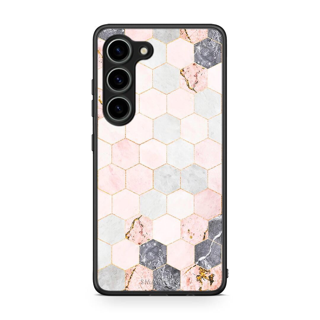 Θήκη Samsung Galaxy S23 Marble Hexagon Pink από τη Smartfits με σχέδιο στο πίσω μέρος και μαύρο περίβλημα | Samsung Galaxy S23 Marble Hexagon Pink Case with Colorful Back and Black Bezels