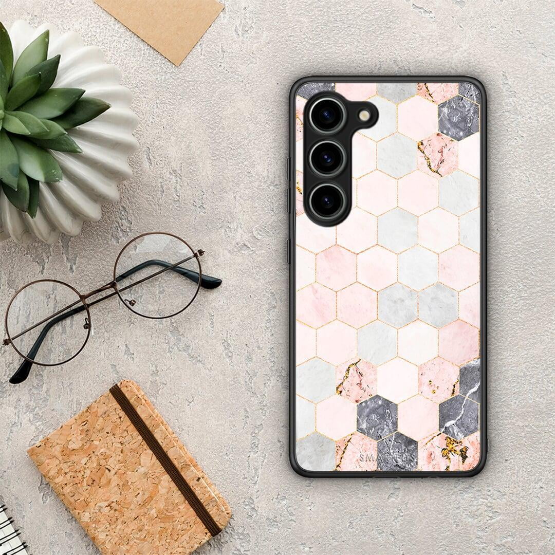 Θήκη Samsung Galaxy S23 Marble Hexagon Pink από τη Smartfits με σχέδιο στο πίσω μέρος και μαύρο περίβλημα | Samsung Galaxy S23 Marble Hexagon Pink Case with Colorful Back and Black Bezels