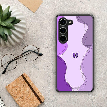 Θήκη Samsung Galaxy S23 Purple Mariposa από τη Smartfits με σχέδιο στο πίσω μέρος και μαύρο περίβλημα | Samsung Galaxy S23 Purple Mariposa Case with Colorful Back and Black Bezels