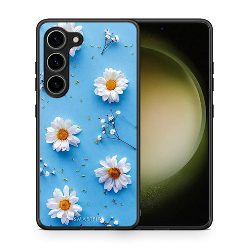 Θήκη Samsung Galaxy S23 Real Daisies από τη Smartfits με σχέδιο στο πίσω μέρος και μαύρο περίβλημα | Samsung Galaxy S23 Real Daisies Case with Colorful Back and Black Bezels