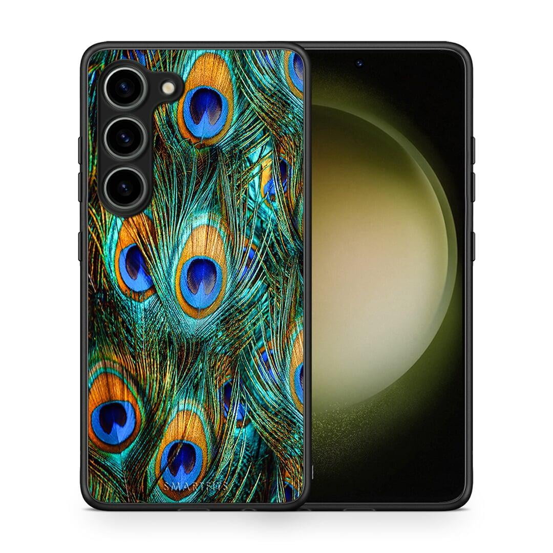 Θήκη Samsung Galaxy S23 Real Peacock Feathers από τη Smartfits με σχέδιο στο πίσω μέρος και μαύρο περίβλημα | Samsung Galaxy S23 Real Peacock Feathers Case with Colorful Back and Black Bezels