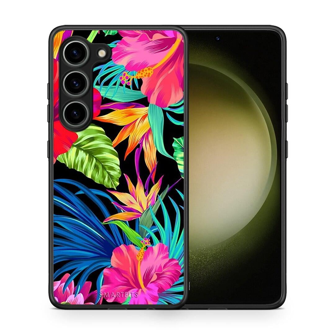 Θήκη Samsung Galaxy S23 Tropical Flowers από τη Smartfits με σχέδιο στο πίσω μέρος και μαύρο περίβλημα | Samsung Galaxy S23 Tropical Flowers Case with Colorful Back and Black Bezels