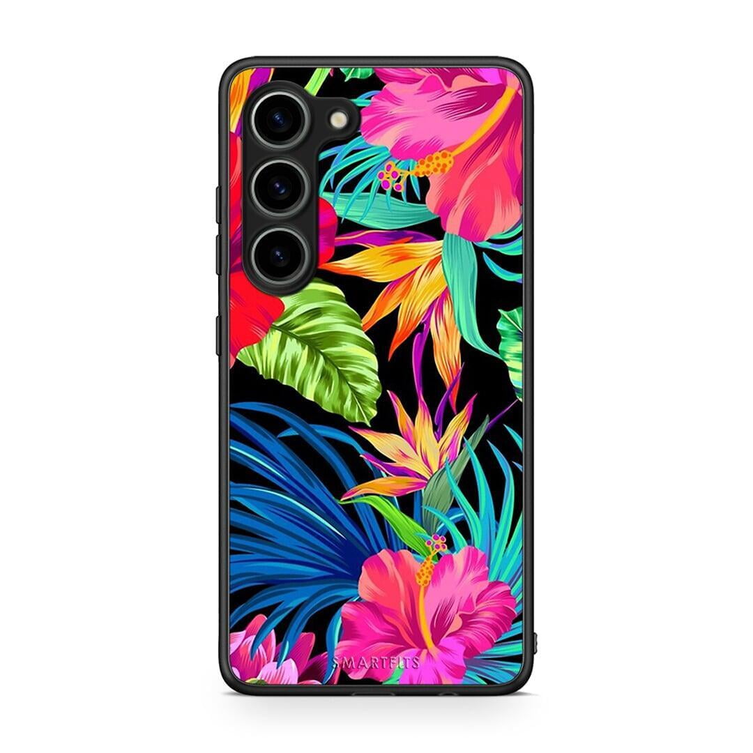 Θήκη Samsung Galaxy S23 Tropical Flowers από τη Smartfits με σχέδιο στο πίσω μέρος και μαύρο περίβλημα | Samsung Galaxy S23 Tropical Flowers Case with Colorful Back and Black Bezels