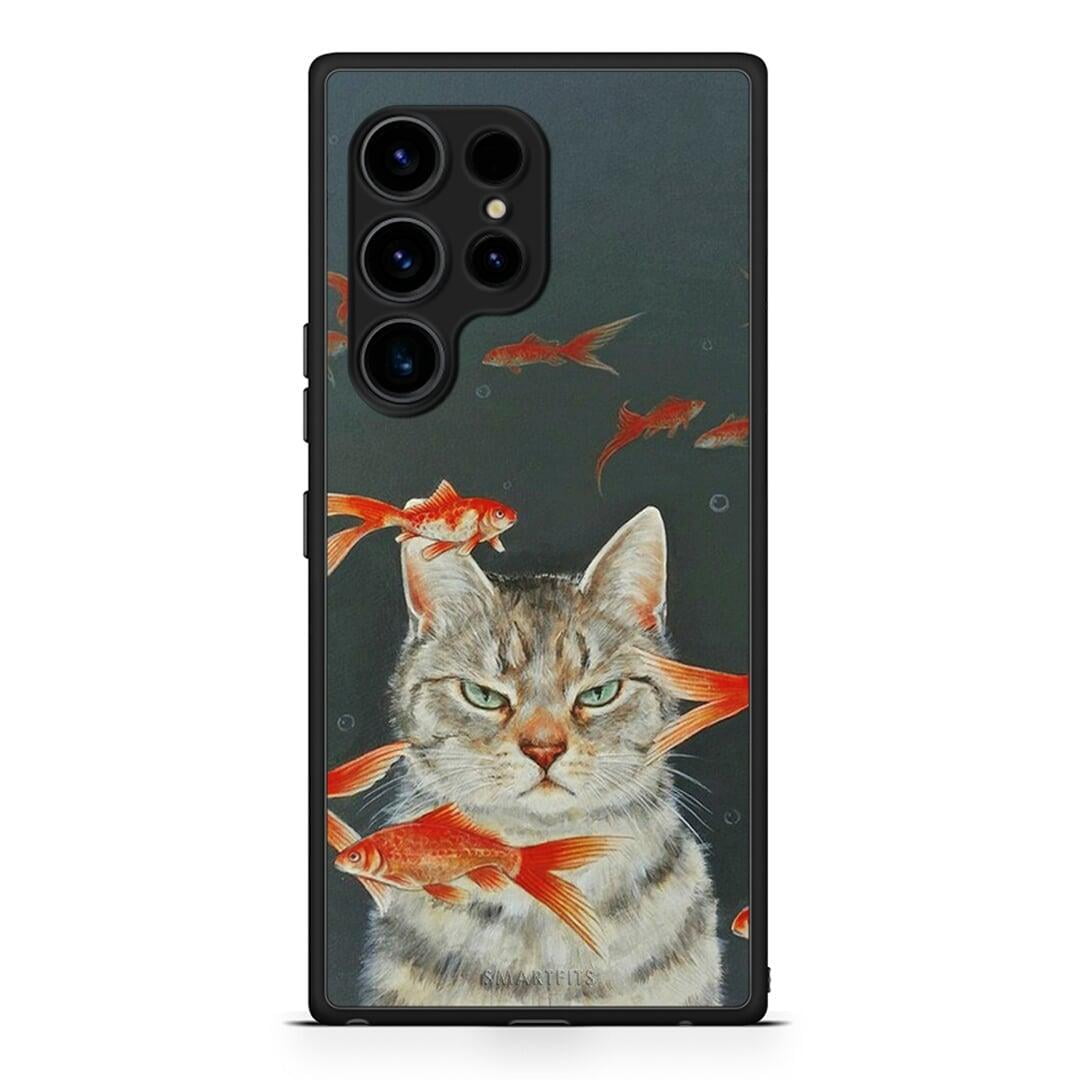 Θήκη Samsung Galaxy S23 Ultra Cat Goldfish από τη Smartfits με σχέδιο στο πίσω μέρος και μαύρο περίβλημα | Samsung Galaxy S23 Ultra Cat Goldfish Case with Colorful Back and Black Bezels