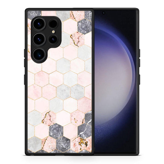 Θήκη Samsung Galaxy S23 Ultra Marble Hexagon Pink από τη Smartfits με σχέδιο στο πίσω μέρος και μαύρο περίβλημα | Samsung Galaxy S23 Ultra Marble Hexagon Pink Case with Colorful Back and Black Bezels