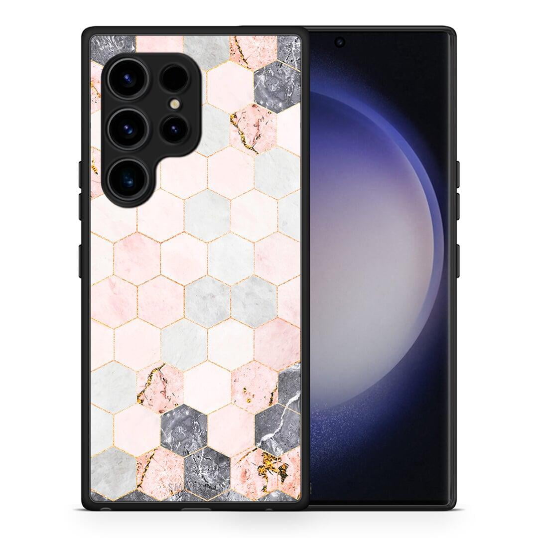 Θήκη Samsung Galaxy S23 Ultra Marble Hexagon Pink από τη Smartfits με σχέδιο στο πίσω μέρος και μαύρο περίβλημα | Samsung Galaxy S23 Ultra Marble Hexagon Pink Case with Colorful Back and Black Bezels