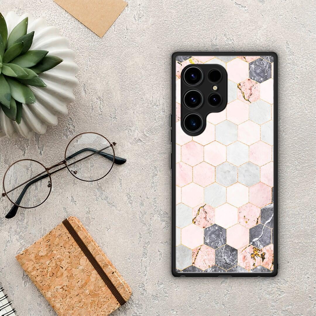 Θήκη Samsung Galaxy S23 Ultra Marble Hexagon Pink από τη Smartfits με σχέδιο στο πίσω μέρος και μαύρο περίβλημα | Samsung Galaxy S23 Ultra Marble Hexagon Pink Case with Colorful Back and Black Bezels