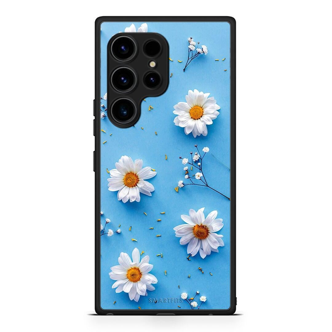 Θήκη Samsung Galaxy S23 Ultra Real Daisies από τη Smartfits με σχέδιο στο πίσω μέρος και μαύρο περίβλημα | Samsung Galaxy S23 Ultra Real Daisies Case with Colorful Back and Black Bezels