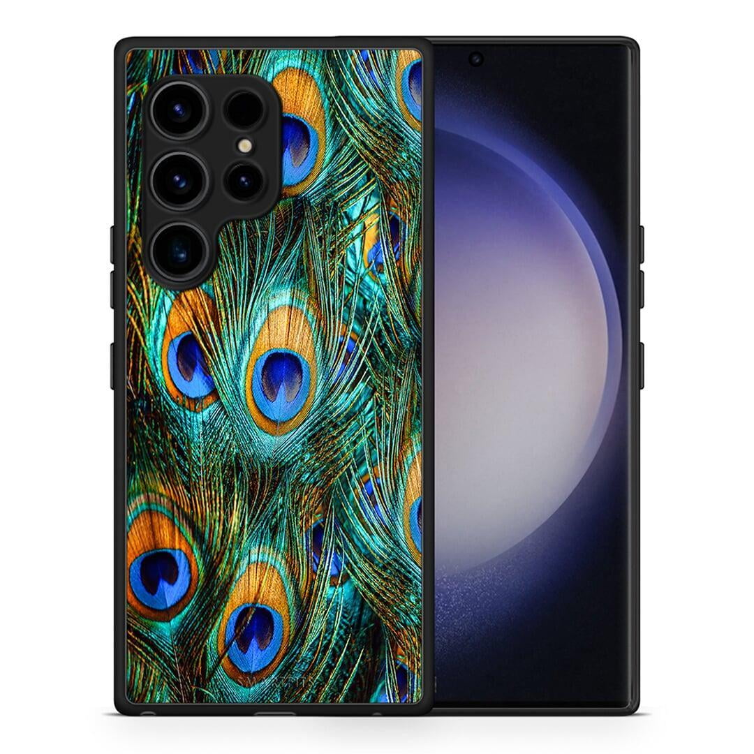 Θήκη Samsung Galaxy S23 Ultra Real Peacock Feathers από τη Smartfits με σχέδιο στο πίσω μέρος και μαύρο περίβλημα | Samsung Galaxy S23 Ultra Real Peacock Feathers Case with Colorful Back and Black Bezels