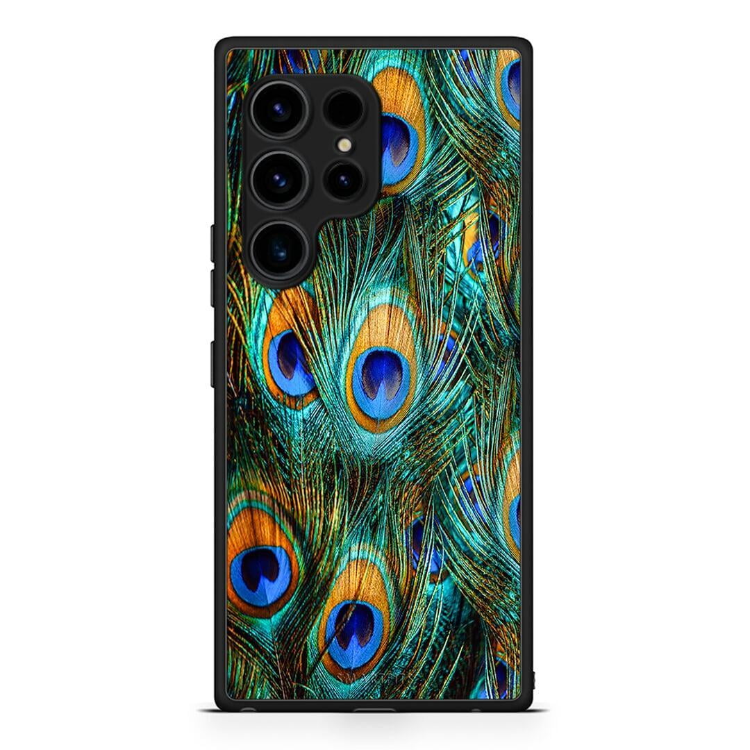 Θήκη Samsung Galaxy S23 Ultra Real Peacock Feathers από τη Smartfits με σχέδιο στο πίσω μέρος και μαύρο περίβλημα | Samsung Galaxy S23 Ultra Real Peacock Feathers Case with Colorful Back and Black Bezels