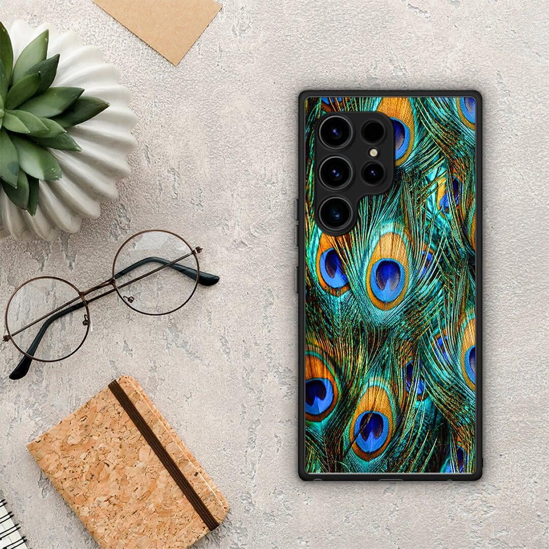 Θήκη Samsung Galaxy S23 Ultra Real Peacock Feathers από τη Smartfits με σχέδιο στο πίσω μέρος και μαύρο περίβλημα | Samsung Galaxy S23 Ultra Real Peacock Feathers Case with Colorful Back and Black Bezels