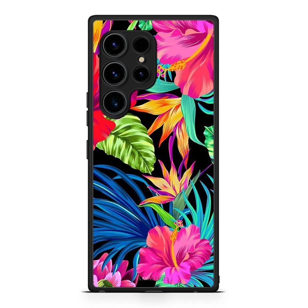 Θήκη Samsung Galaxy S23 Ultra Tropical Flowers από τη Smartfits με σχέδιο στο πίσω μέρος και μαύρο περίβλημα | Samsung Galaxy S23 Ultra Tropical Flowers Case with Colorful Back and Black Bezels