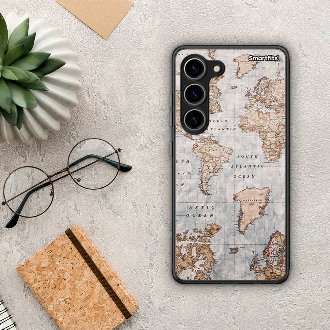 Θήκη Samsung Galaxy S23 World Map από τη Smartfits με σχέδιο στο πίσω μέρος και μαύρο περίβλημα | Samsung Galaxy S23 World Map Case with Colorful Back and Black Bezels