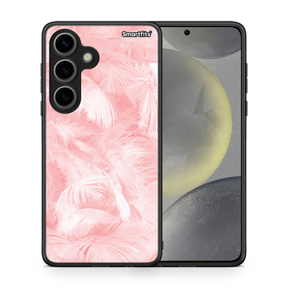 Θήκη Samsung Galaxy S24 Pink Feather Boho από τη Smartfits με σχέδιο στο πίσω μέρος και μαύρο περίβλημα | Samsung Galaxy S24 Pink Feather Boho case with colorful back and black bezels