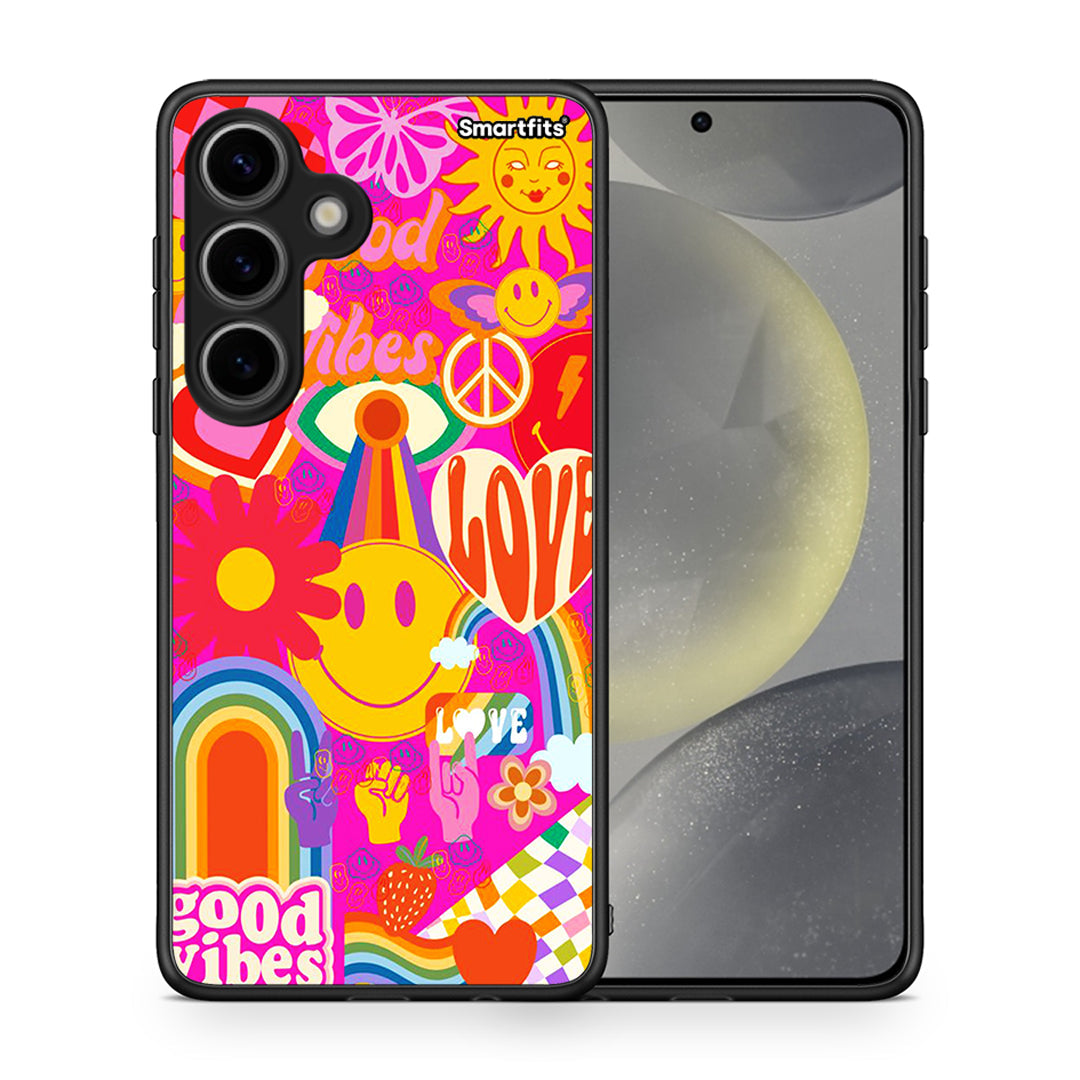 Θήκη Samsung Galaxy S24 Hippie Love από τη Smartfits με σχέδιο στο πίσω μέρος και μαύρο περίβλημα | Samsung Galaxy S24 Hippie Love case with colorful back and black bezels