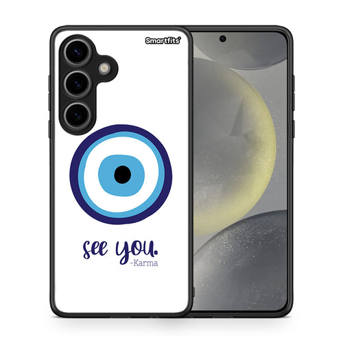 Θήκη Samsung Galaxy S24 Karma Says από τη Smartfits με σχέδιο στο πίσω μέρος και μαύρο περίβλημα | Samsung Galaxy S24 Karma Says case with colorful back and black bezels