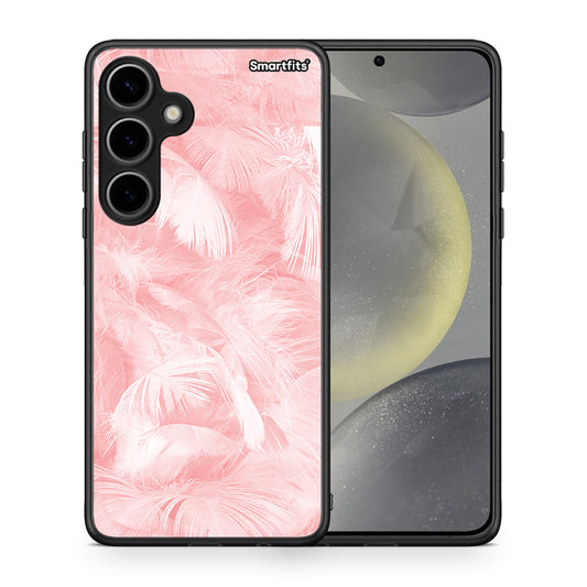 Θήκη Samsung Galaxy S24 Plus Pink Feather Boho από τη Smartfits με σχέδιο στο πίσω μέρος και μαύρο περίβλημα | Samsung Galaxy S24 Plus Pink Feather Boho case with colorful back and black bezels