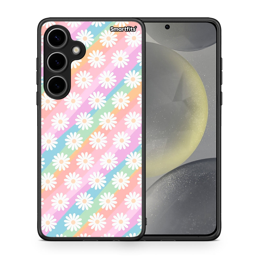 Θήκη Samsung Galaxy S24 Plus White Daisies από τη Smartfits με σχέδιο στο πίσω μέρος και μαύρο περίβλημα | Samsung Galaxy S24 Plus White Daisies case with colorful back and black bezels